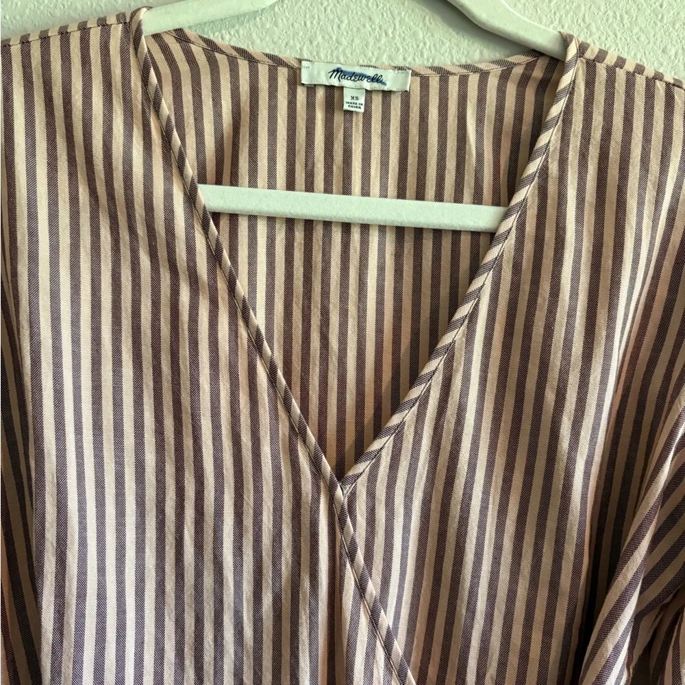 NWOT Madewell Top Puff-Sleeve Peplum Wrap Top Women’s XS Stripes Pink Cotton